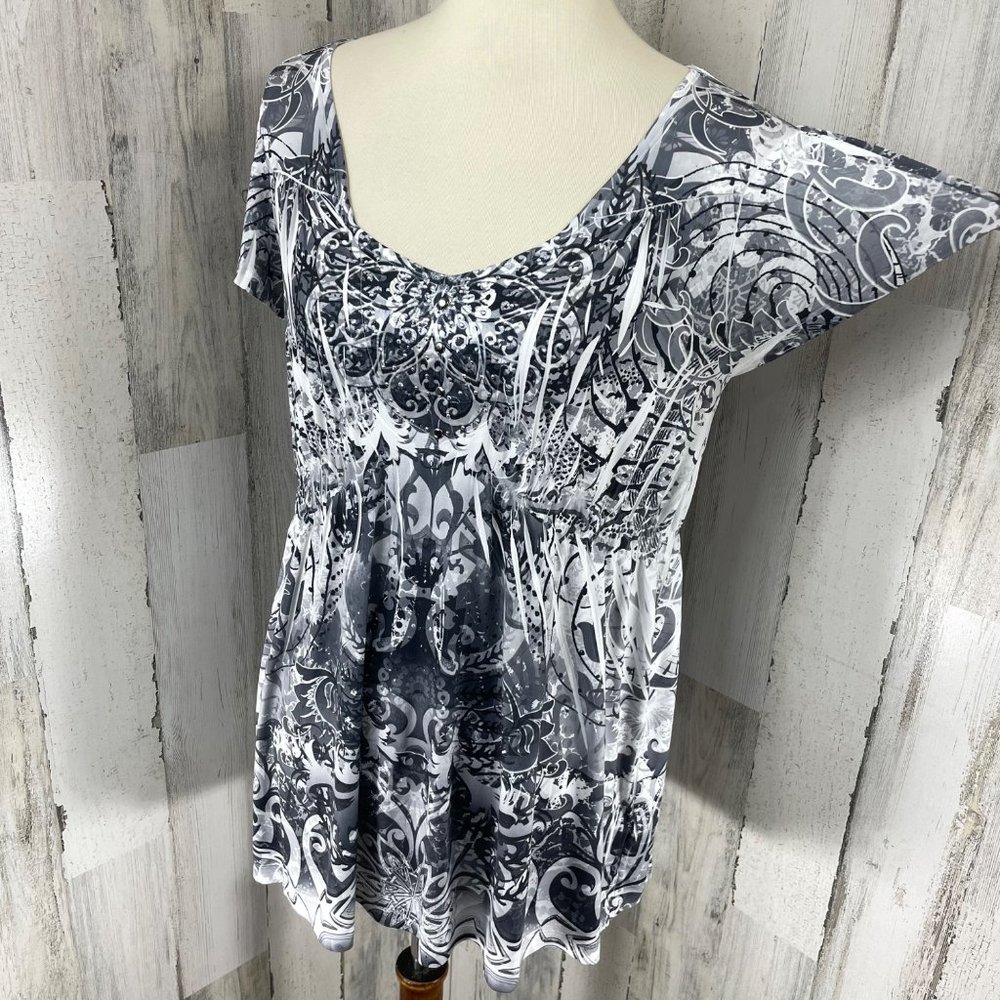 Apt 9 Women's Gray Studded Short Sleeve Liquid Knit Stretch Shirt Top Blouse M